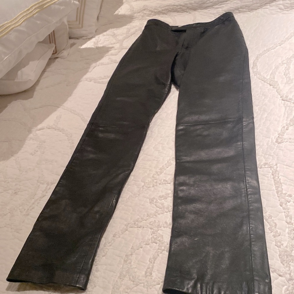 Margaret Godfrey pants, black leather straight leg pants